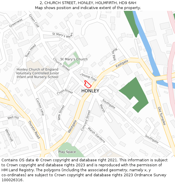 2, CHURCH STREET, HONLEY, HOLMFIRTH, HD9 6AH: Location map and indicative extent of plot