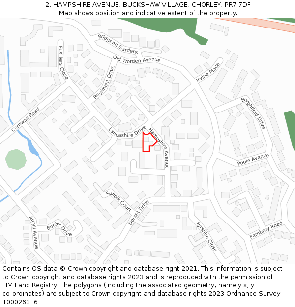 2, HAMPSHIRE AVENUE, BUCKSHAW VILLAGE, CHORLEY, PR7 7DF: Location map and indicative extent of plot