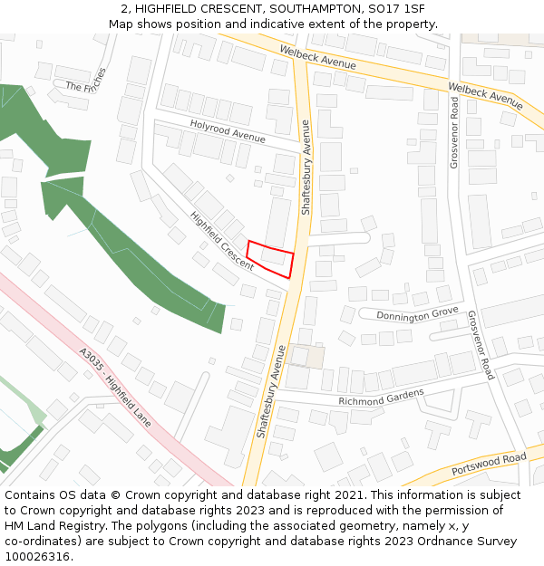 2, HIGHFIELD CRESCENT, SOUTHAMPTON, SO17 1SF: Location map and indicative extent of plot
