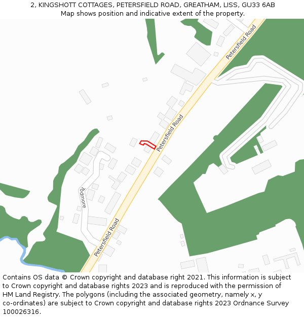 2, KINGSHOTT COTTAGES, PETERSFIELD ROAD, GREATHAM, LISS, GU33 6AB: Location map and indicative extent of plot