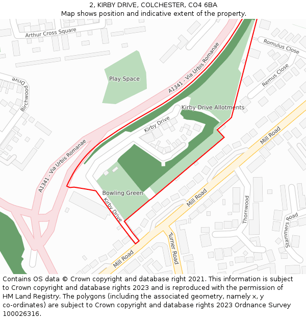 2, KIRBY DRIVE, COLCHESTER, CO4 6BA: Location map and indicative extent of plot