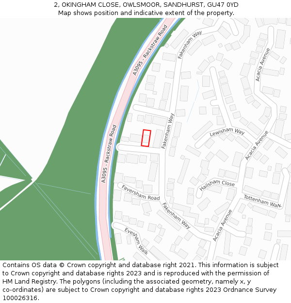 2, OKINGHAM CLOSE, OWLSMOOR, SANDHURST, GU47 0YD: Location map and indicative extent of plot