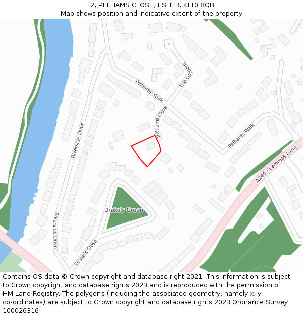 2, PELHAMS CLOSE, ESHER, KT10 8QB: Location map and indicative extent of plot