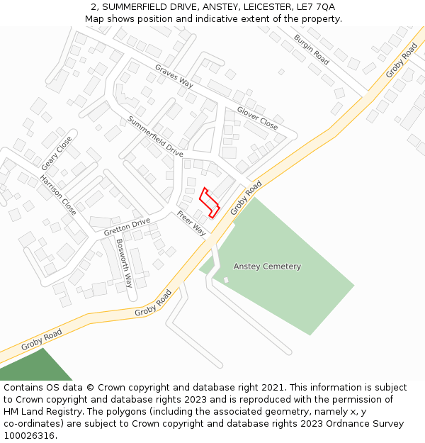 2, SUMMERFIELD DRIVE, ANSTEY, LEICESTER, LE7 7QA: Location map and indicative extent of plot