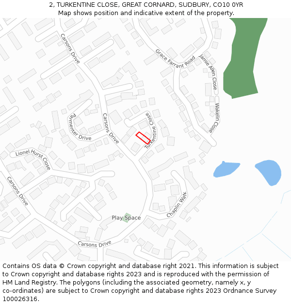 2, TURKENTINE CLOSE, GREAT CORNARD, SUDBURY, CO10 0YR: Location map and indicative extent of plot