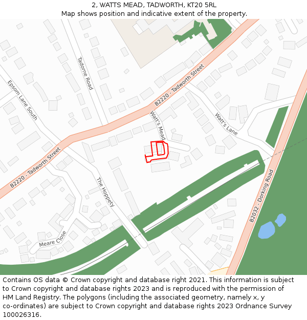 2, WATTS MEAD, TADWORTH, KT20 5RL: Location map and indicative extent of plot