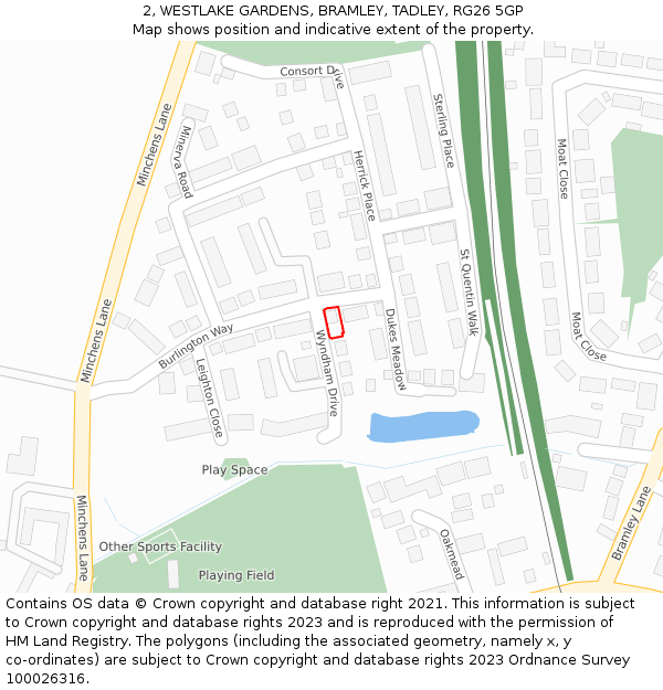 2, WESTLAKE GARDENS, BRAMLEY, TADLEY, RG26 5GP: Location map and indicative extent of plot