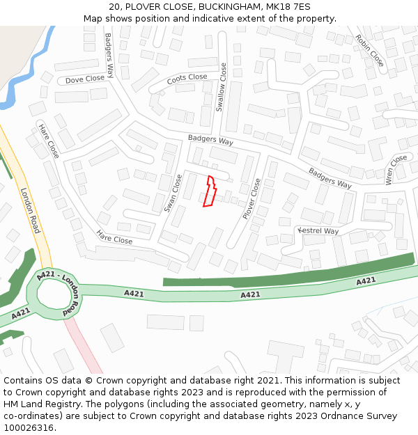 20, PLOVER CLOSE, BUCKINGHAM, MK18 7ES: Location map and indicative extent of plot