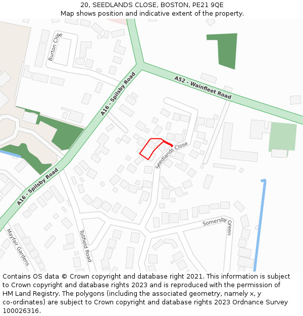 20, SEEDLANDS CLOSE, BOSTON, PE21 9QE: Location map and indicative extent of plot