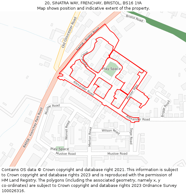 20, SINATRA WAY, FRENCHAY, BRISTOL, BS16 1YA: Location map and indicative extent of plot