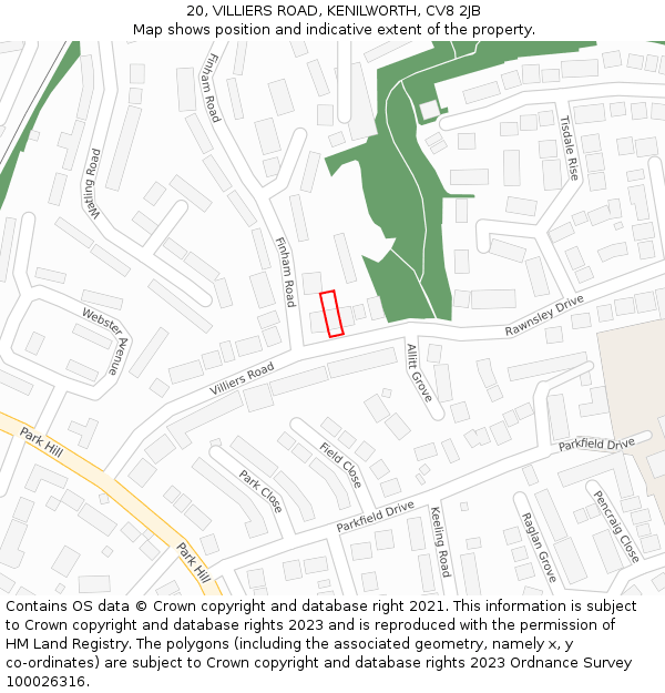 20, VILLIERS ROAD, KENILWORTH, CV8 2JB: Location map and indicative extent of plot