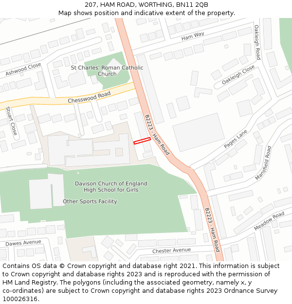 207, HAM ROAD, WORTHING, BN11 2QB: Location map and indicative extent of plot