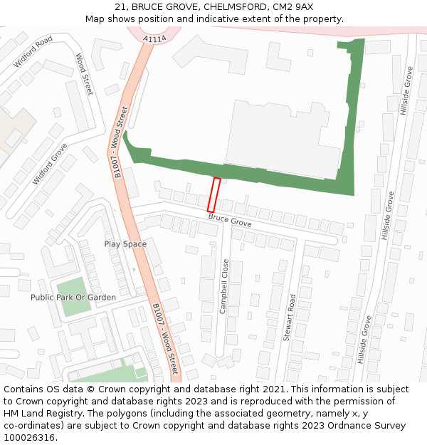 21, BRUCE GROVE, CHELMSFORD, CM2 9AX: Location map and indicative extent of plot