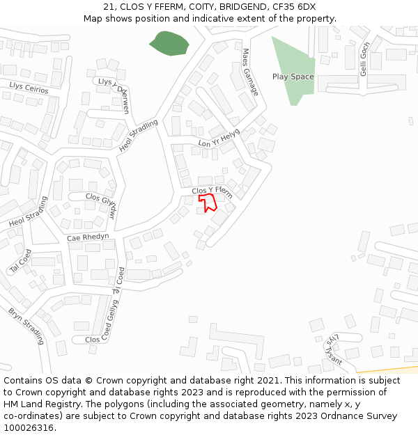 21, CLOS Y FFERM, COITY, BRIDGEND, CF35 6DX: Location map and indicative extent of plot
