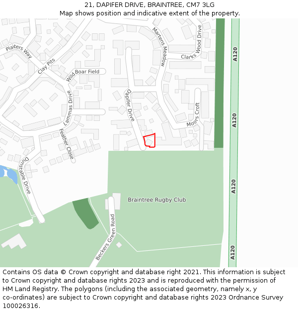 21, DAPIFER DRIVE, BRAINTREE, CM7 3LG: Location map and indicative extent of plot