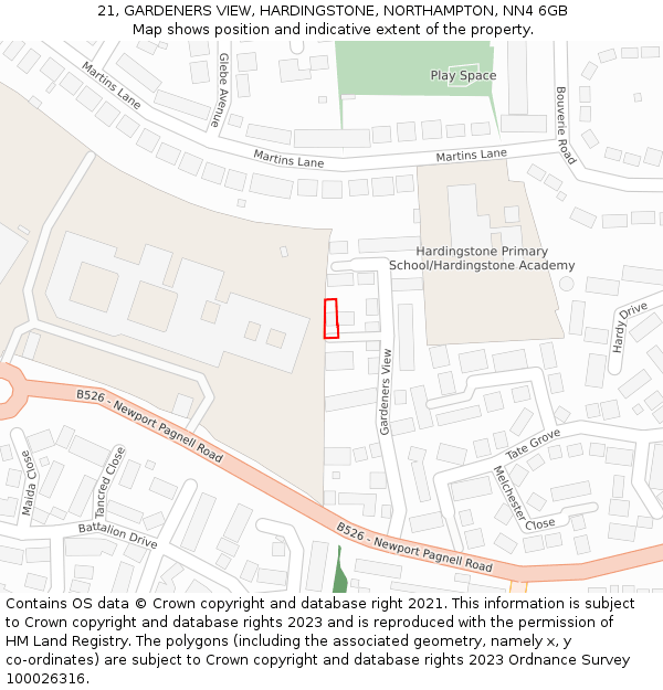 21, GARDENERS VIEW, HARDINGSTONE, NORTHAMPTON, NN4 6GB: Location map and indicative extent of plot