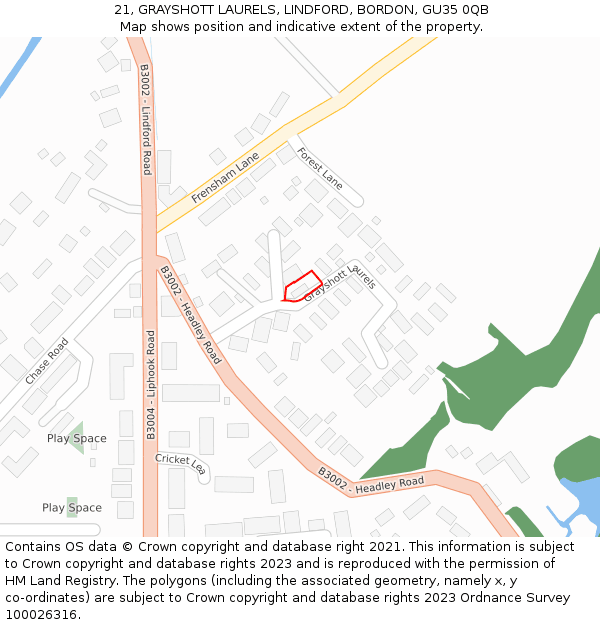 21, GRAYSHOTT LAURELS, LINDFORD, BORDON, GU35 0QB: Location map and indicative extent of plot