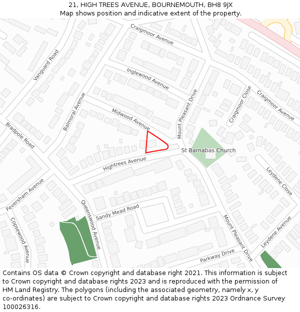 21, HIGH TREES AVENUE, BOURNEMOUTH, BH8 9JX: Location map and indicative extent of plot