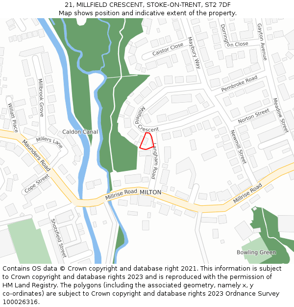 21, MILLFIELD CRESCENT, STOKE-ON-TRENT, ST2 7DF: Location map and indicative extent of plot
