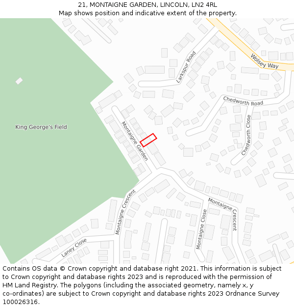 21, MONTAIGNE GARDEN, LINCOLN, LN2 4RL: Location map and indicative extent of plot