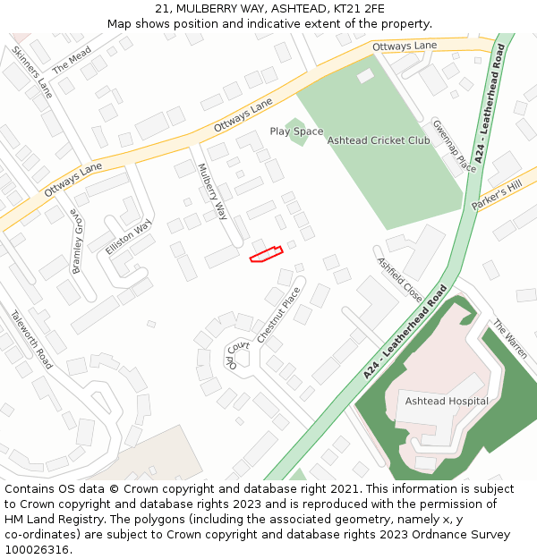 21, MULBERRY WAY, ASHTEAD, KT21 2FE: Location map and indicative extent of plot