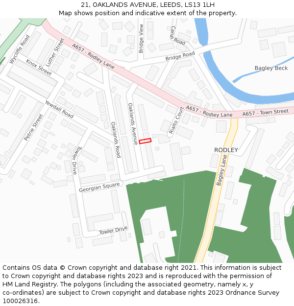 21, OAKLANDS AVENUE, LEEDS, LS13 1LH: Location map and indicative extent of plot