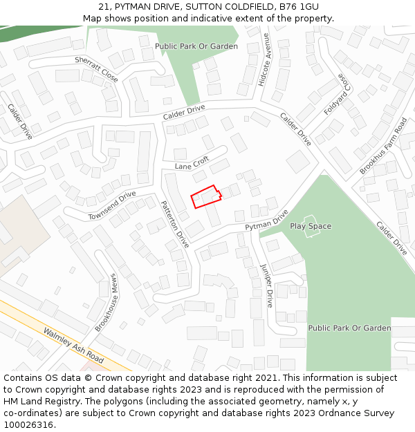 21, PYTMAN DRIVE, SUTTON COLDFIELD, B76 1GU: Location map and indicative extent of plot