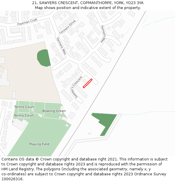 21, SAWYERS CRESCENT, COPMANTHORPE, YORK, YO23 3YA: Location map and indicative extent of plot