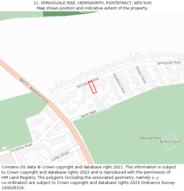 21, SPRINGVALE RISE, HEMSWORTH, PONTEFRACT, WF9 5HS: Location map and indicative extent of plot