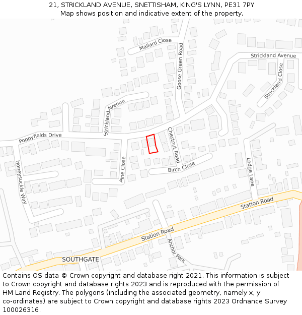 21, STRICKLAND AVENUE, SNETTISHAM, KING'S LYNN, PE31 7PY: Location map and indicative extent of plot