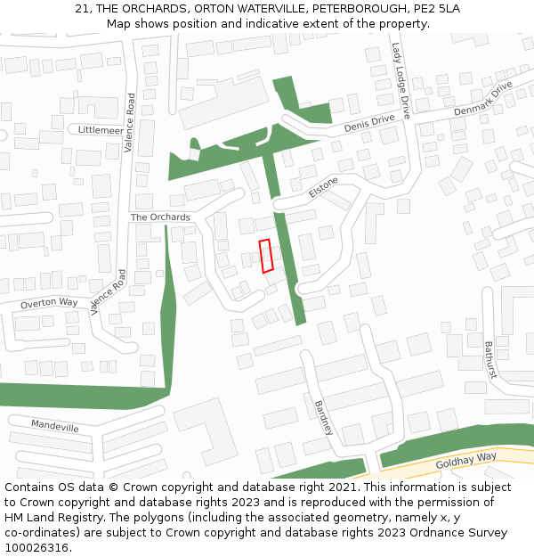 21, THE ORCHARDS, ORTON WATERVILLE, PETERBOROUGH, PE2 5LA: Location map and indicative extent of plot
