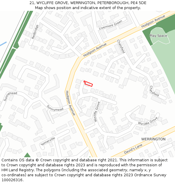 21, WYCLIFFE GROVE, WERRINGTON, PETERBOROUGH, PE4 5DE: Location map and indicative extent of plot