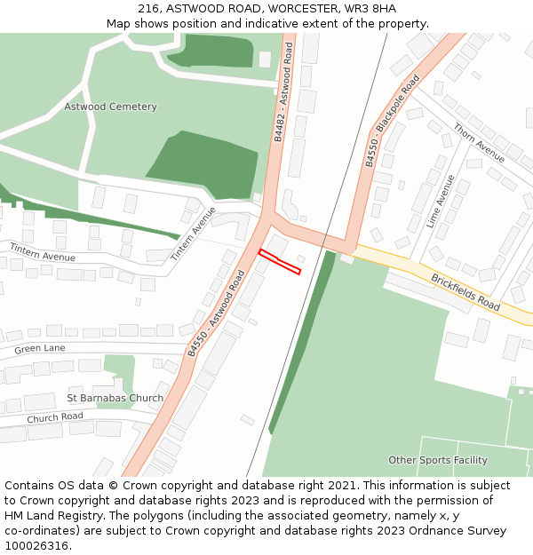 216, ASTWOOD ROAD, WORCESTER, WR3 8HA: Location map and indicative extent of plot