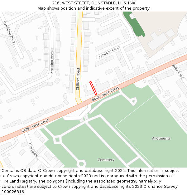 216, WEST STREET, DUNSTABLE, LU6 1NX: Location map and indicative extent of plot