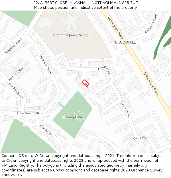 22, ALBERT CLOSE, HUCKNALL, NOTTINGHAM, NG15 7UZ: Location map and indicative extent of plot