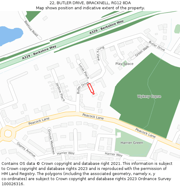 22, BUTLER DRIVE, BRACKNELL, RG12 8DA: Location map and indicative extent of plot