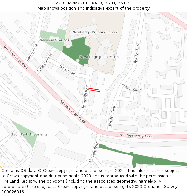 22, CHARMOUTH ROAD, BATH, BA1 3LJ: Location map and indicative extent of plot