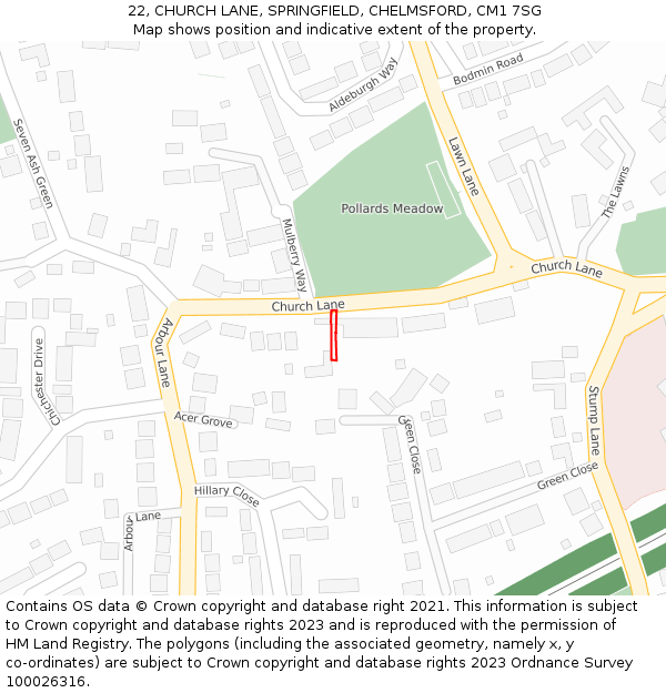 22, CHURCH LANE, SPRINGFIELD, CHELMSFORD, CM1 7SG: Location map and indicative extent of plot