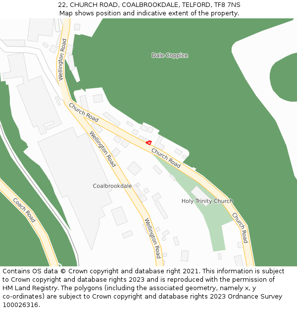 22, CHURCH ROAD, COALBROOKDALE, TELFORD, TF8 7NS: Location map and indicative extent of plot