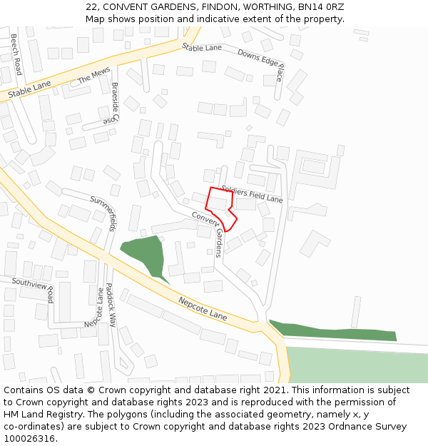 22, CONVENT GARDENS, FINDON, WORTHING, BN14 0RZ: Location map and indicative extent of plot