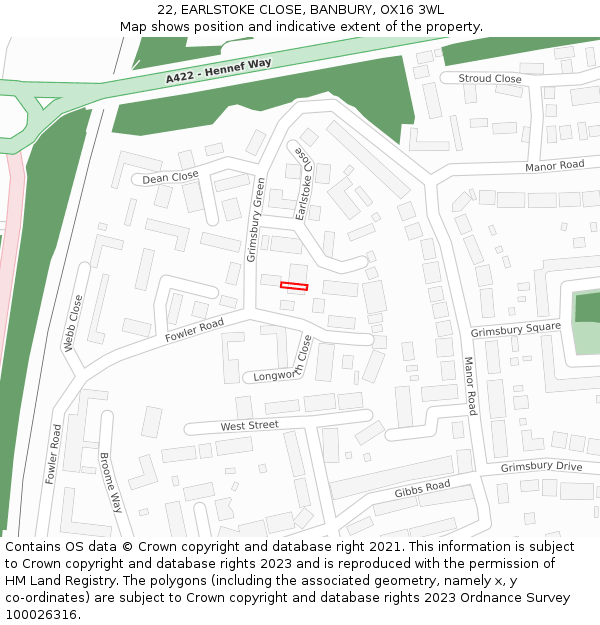 22, EARLSTOKE CLOSE, BANBURY, OX16 3WL: Location map and indicative extent of plot