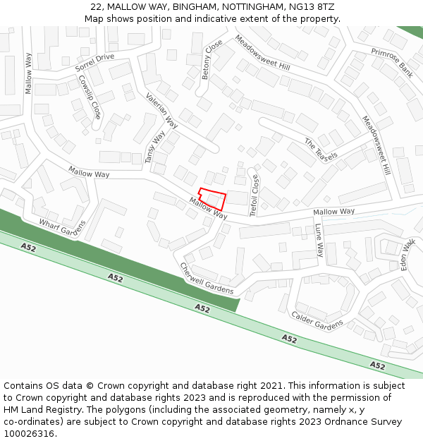 22, MALLOW WAY, BINGHAM, NOTTINGHAM, NG13 8TZ: Location map and indicative extent of plot