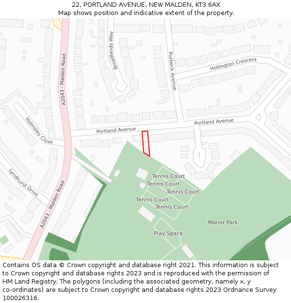 22, PORTLAND AVENUE, NEW MALDEN, KT3 6AX: Location map and indicative extent of plot