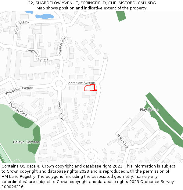 22, SHARDELOW AVENUE, SPRINGFIELD, CHELMSFORD, CM1 6BG: Location map and indicative extent of plot