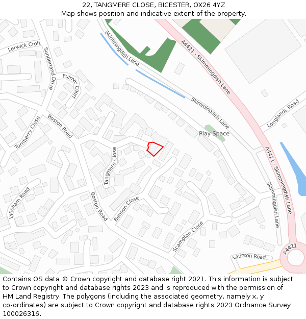 22, TANGMERE CLOSE, BICESTER, OX26 4YZ: Location map and indicative extent of plot