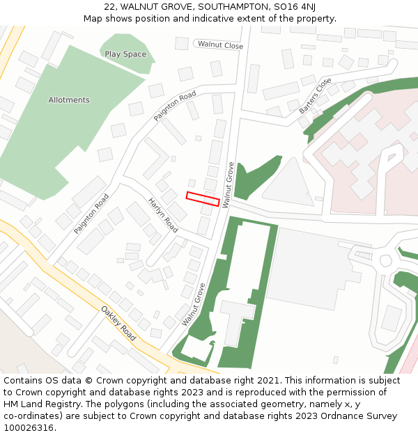 22, WALNUT GROVE, SOUTHAMPTON, SO16 4NJ: Location map and indicative extent of plot