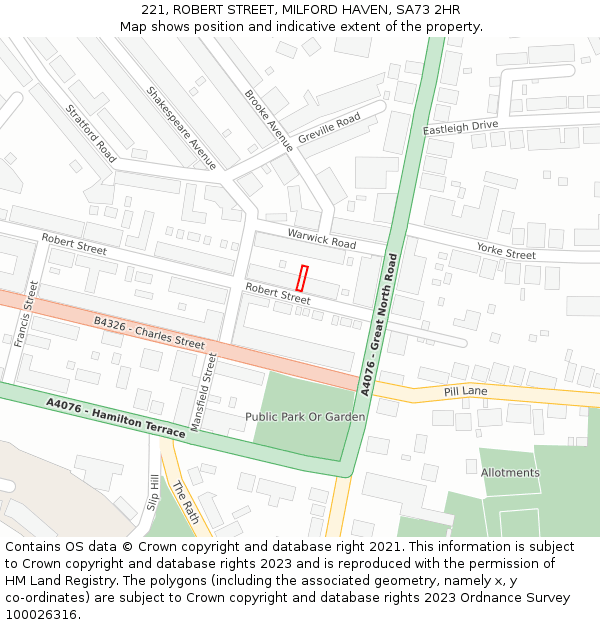 221, ROBERT STREET, MILFORD HAVEN, SA73 2HR: Location map and indicative extent of plot