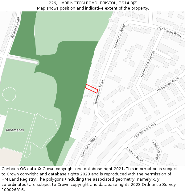 226, HARRINGTON ROAD, BRISTOL, BS14 8JZ: Location map and indicative extent of plot