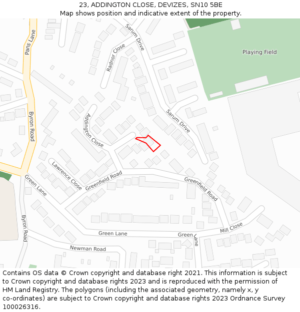 23, ADDINGTON CLOSE, DEVIZES, SN10 5BE: Location map and indicative extent of plot