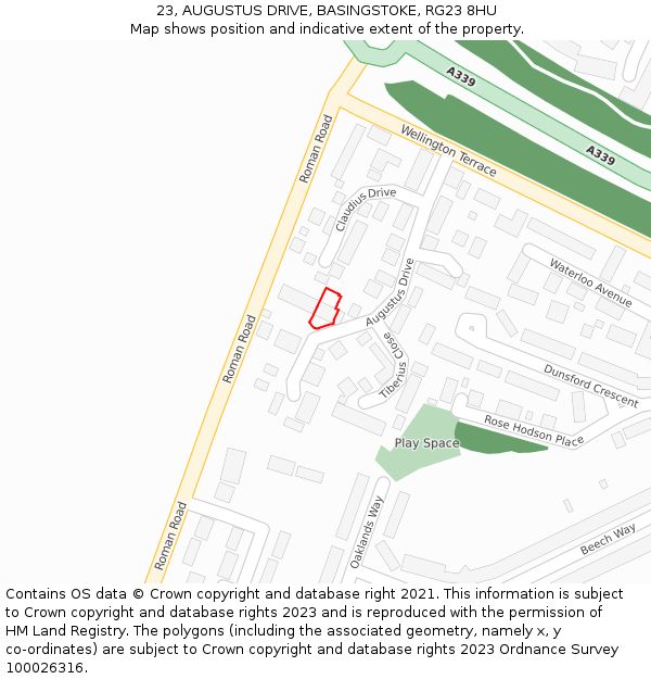 23, AUGUSTUS DRIVE, BASINGSTOKE, RG23 8HU: Location map and indicative extent of plot